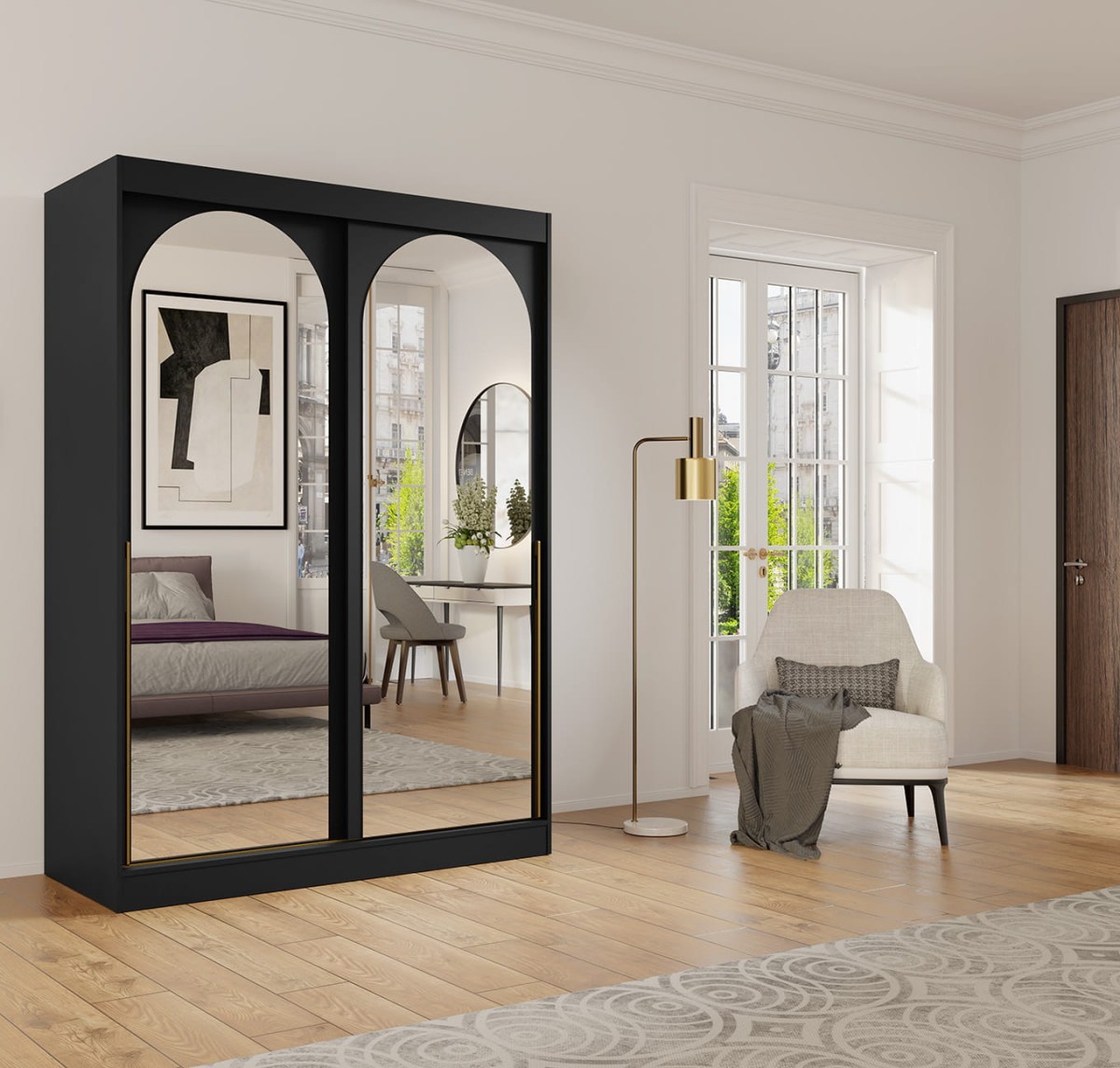 SZAFA MODIN 150 CZARNA LUSTRO ZŁOTE UCHWYTY ARANŻACJA.jpg