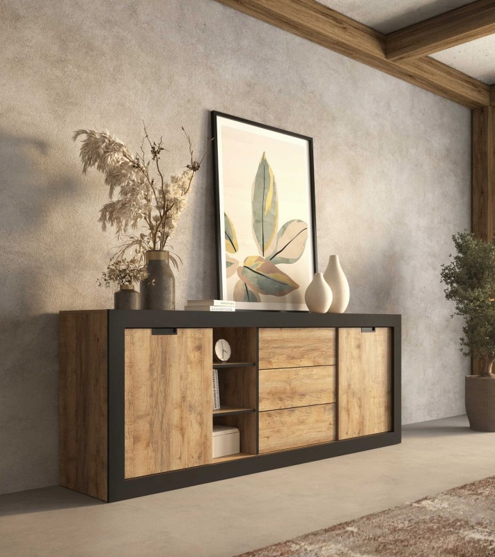 Tudor 24WSNZ25_KOMODA 2DRZWI 3SZUFLADY DĄB SAMDAL - CZARNY MAT ARANŻACJA.jpg