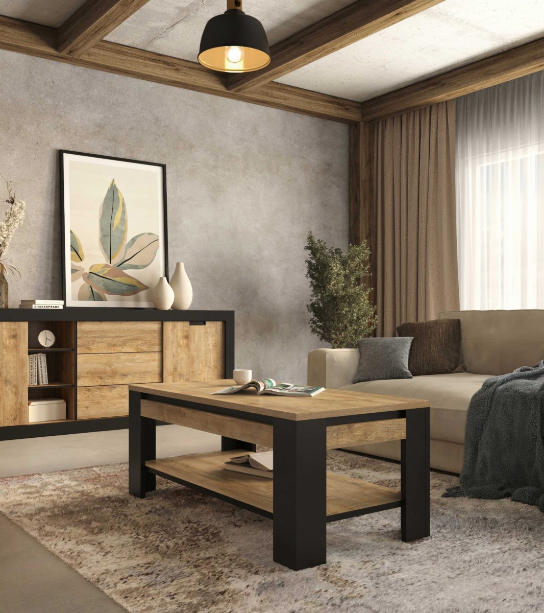 Tudor 24WSNZ99_STOLIK KAWOWY ŁAWA DĄB SAMDAL - CZARNY MAT ARANŻACJA.jpg