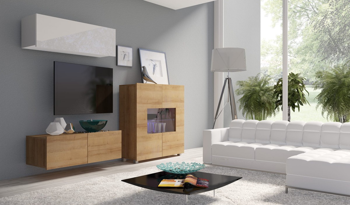 PRESTIŻ ZESTAW MEBLI Do Salonu Meblościanka POKÓJ Szafka Wisząca Uniwersalna RTV WITRYNA Wysoki Połysk ZESTAW NR 9 BIAŁY - DĄB ZŁOTY.jpg