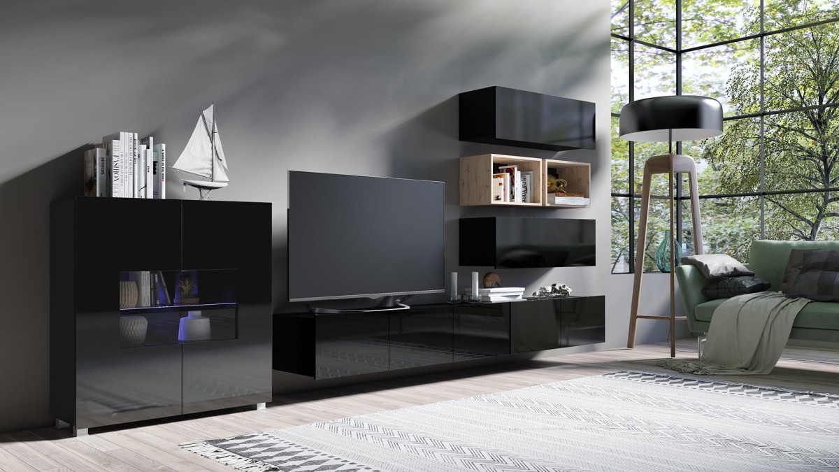 PRESTIŻ ZESTAW MEBLI Do Salonu POKÓJ SZAFKA WISZĄCA RTV WITRYNA Wysoki Połysk ZESTAW 28 czarny-dąb artisan.jpg