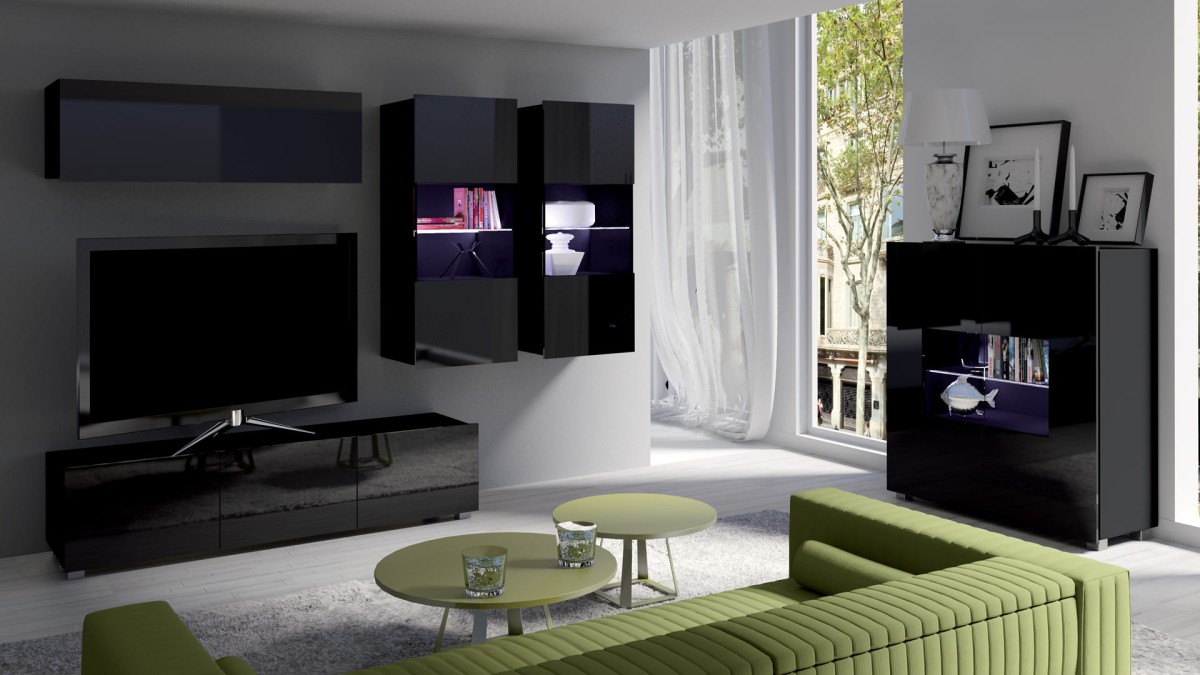 PRESTIŻ ZESTAW MEBLI Do Salonu POKÓJ SZAFKA WISZĄCA RTV WITRYNA Wysoki Połysk ZESTAW NR 6 CZARNY.jpg