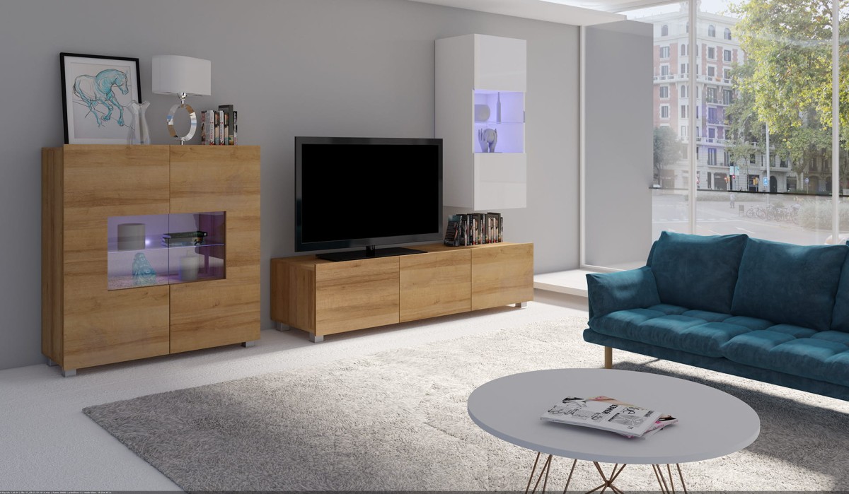 PRESTIŻ ZESTAW MEBLI Do Salonu POKÓJ SZAFKA WISZĄCA RTV WITRYNA Wysoki Połysk ZESTAW NR 7 BIAŁY - DĄB ZŁOTY.jpg