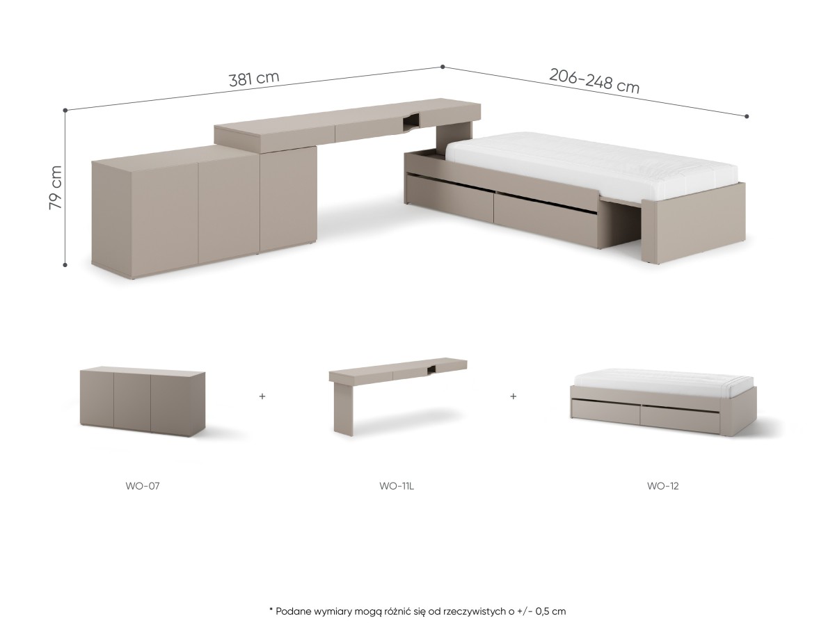 WOS1L_03 WOOW ZESTAW KOMODA BIURKO LEWE ŁÓŻKO KOLOR szampański dąb vincenza bielonaclay grey WYMIARY OPIS.jpg