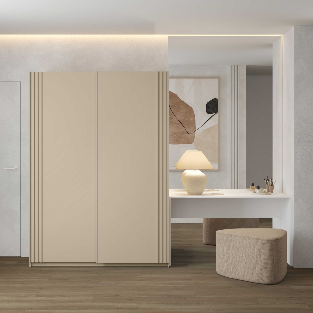 NIVA 2412OE15_1+2497LZ03+AVA SZAFA 150 CM DWUDRZWIOWA PRZESUWNA LAMELE BEŻ JASNY ARANŻACJA.jpg