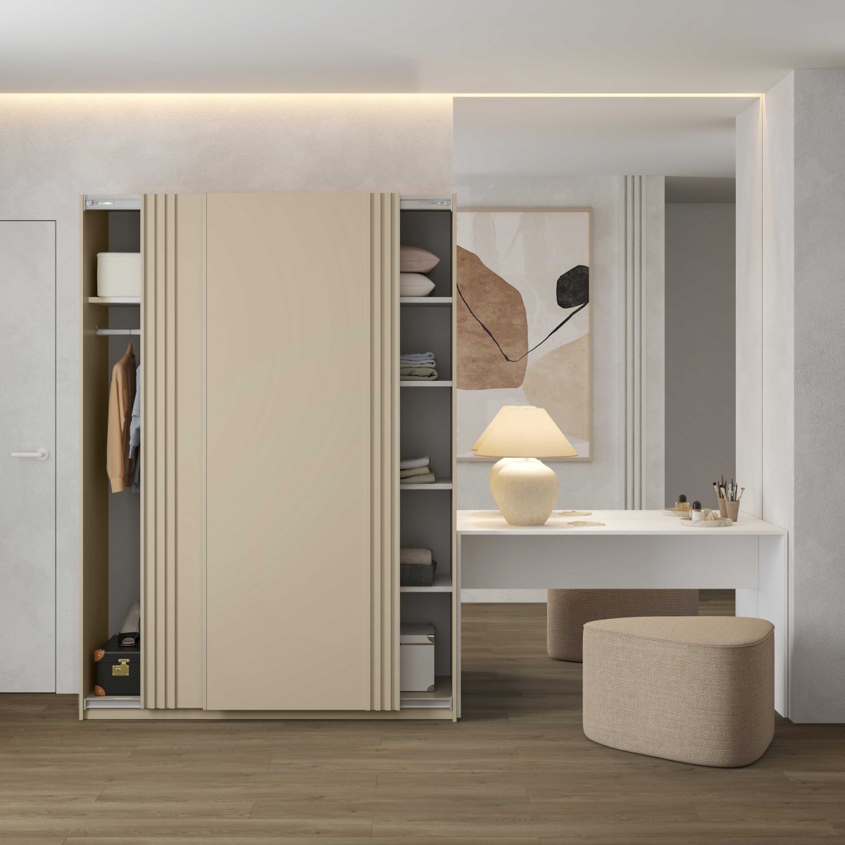 NIVA 2412OE15_1b+2497LZ03+AVA SZAFA 150 CM DWUDRZWIOWA PRZESUWNA LAMELE BEŻ JASNY ARANŻACJA.jpg