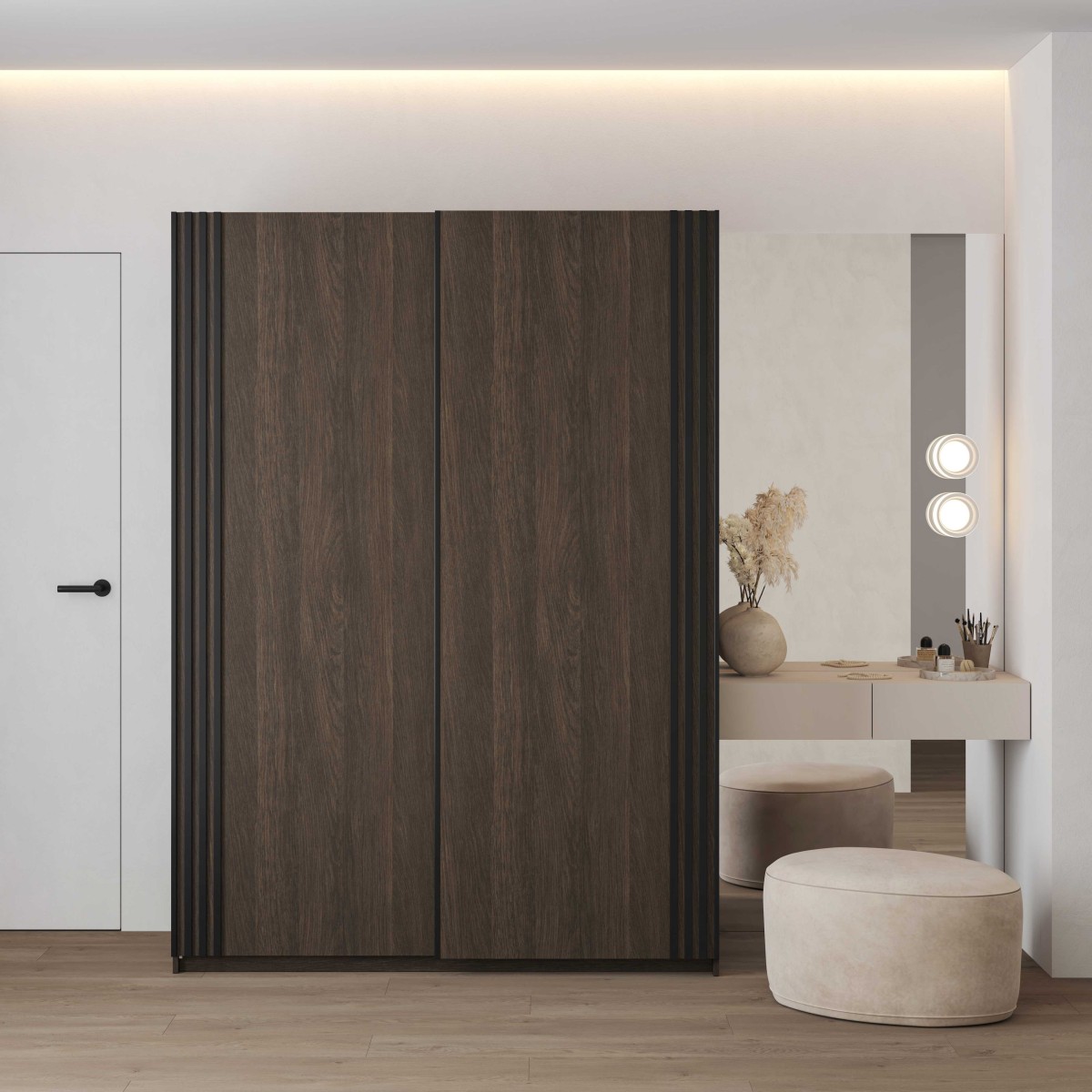 NIVA 24DWOE15_1+24KSND49+AVA SZAFA 150 CM DWUDRZWIOWA PRZESUWNA LAMELE DĄB DUNIN CZARNY MAT ARANŻACJA.jpg