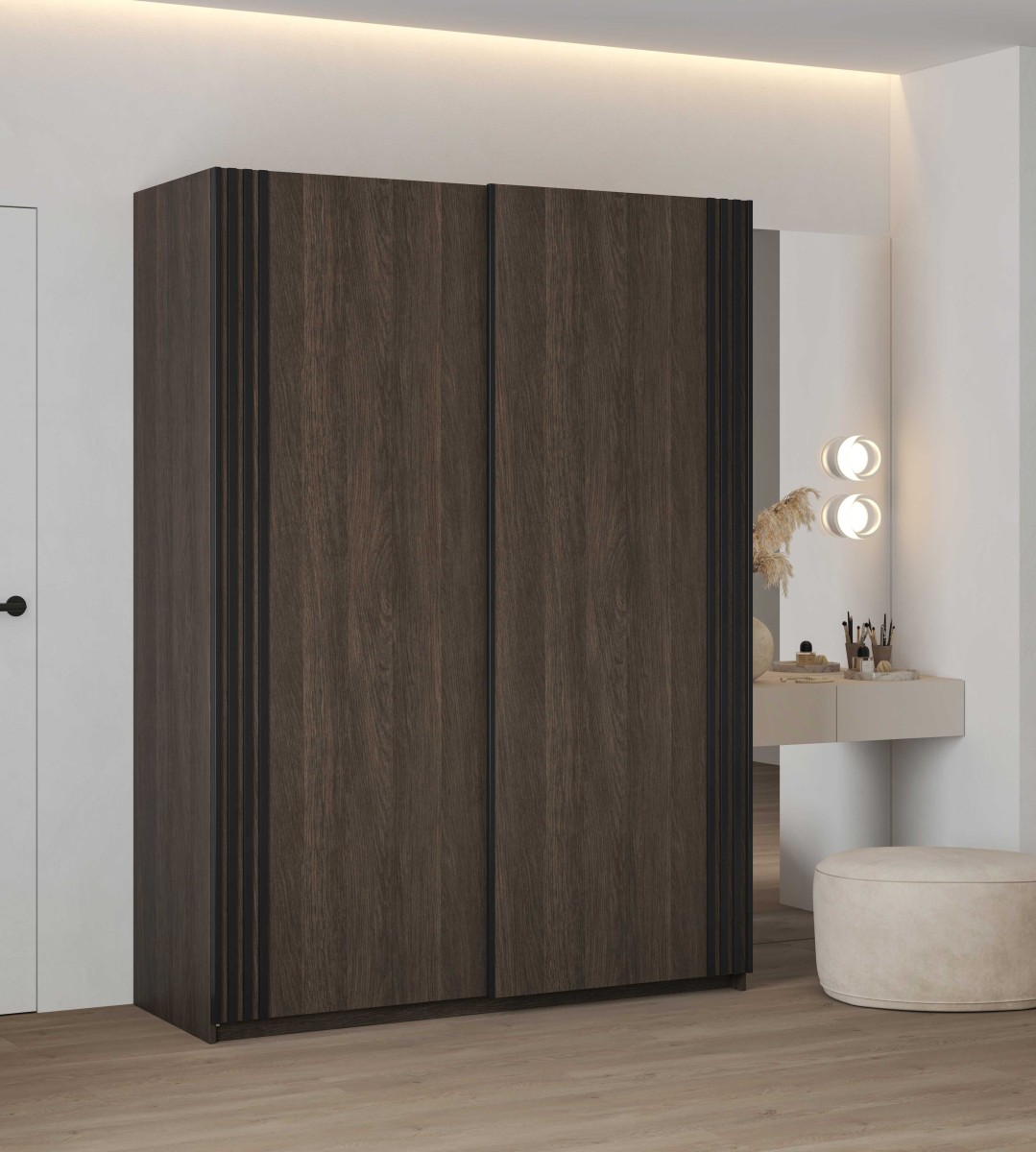 NIVA 24DWOE15_1b+24KSND49+AVA SZAFA 150 CM DWUDRZWIOWA PRZESUWNA LAMELE DĄB DUNIN CZARNY MAT ARANŻACJA.jpg