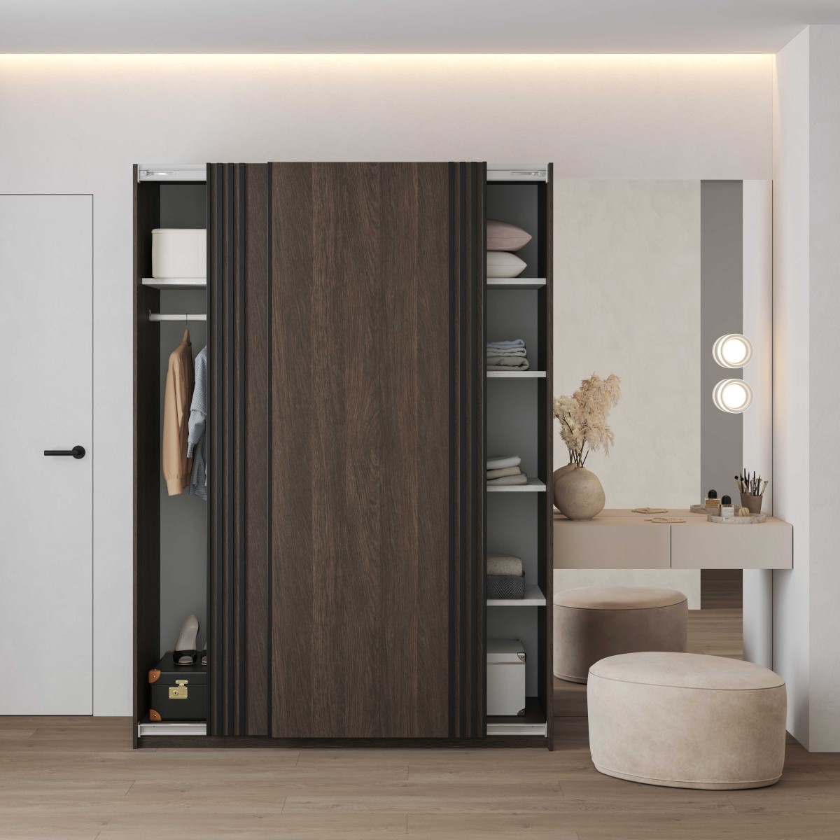 NIVA 24DWOE15_1c+24KSND49+AVA SZAFA 150 CM DWUDRZWIOWA PRZESUWNA LAMELE DĄB DUNIN CZARNY MAT ARANŻACJA.jpg