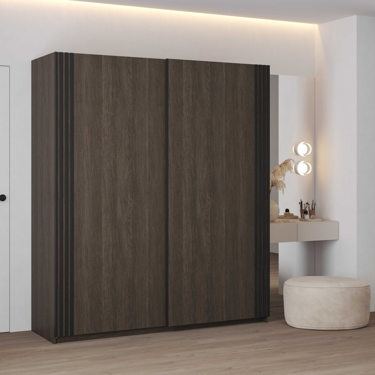 NIVA 24DWOE16_1b+24KSND49+AVA SZAFA 180 CM DWUDRZWIOWA PRZESUWNA LAMELE DĄB DUNIN CZARNY MAT ARANŻACJA.jpg