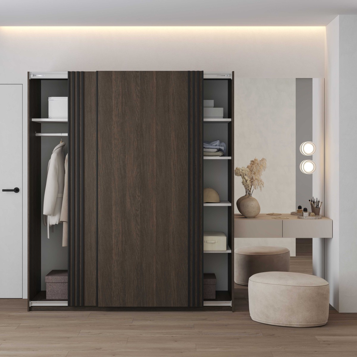 NIVA 24DWOE16_1c+24KSND49+AVA SZAFA 180 CM DWUDRZWIOWA PRZESUWNA LAMELE DĄB DUNIN CZARNY MAT ARANŻACJA.jpg