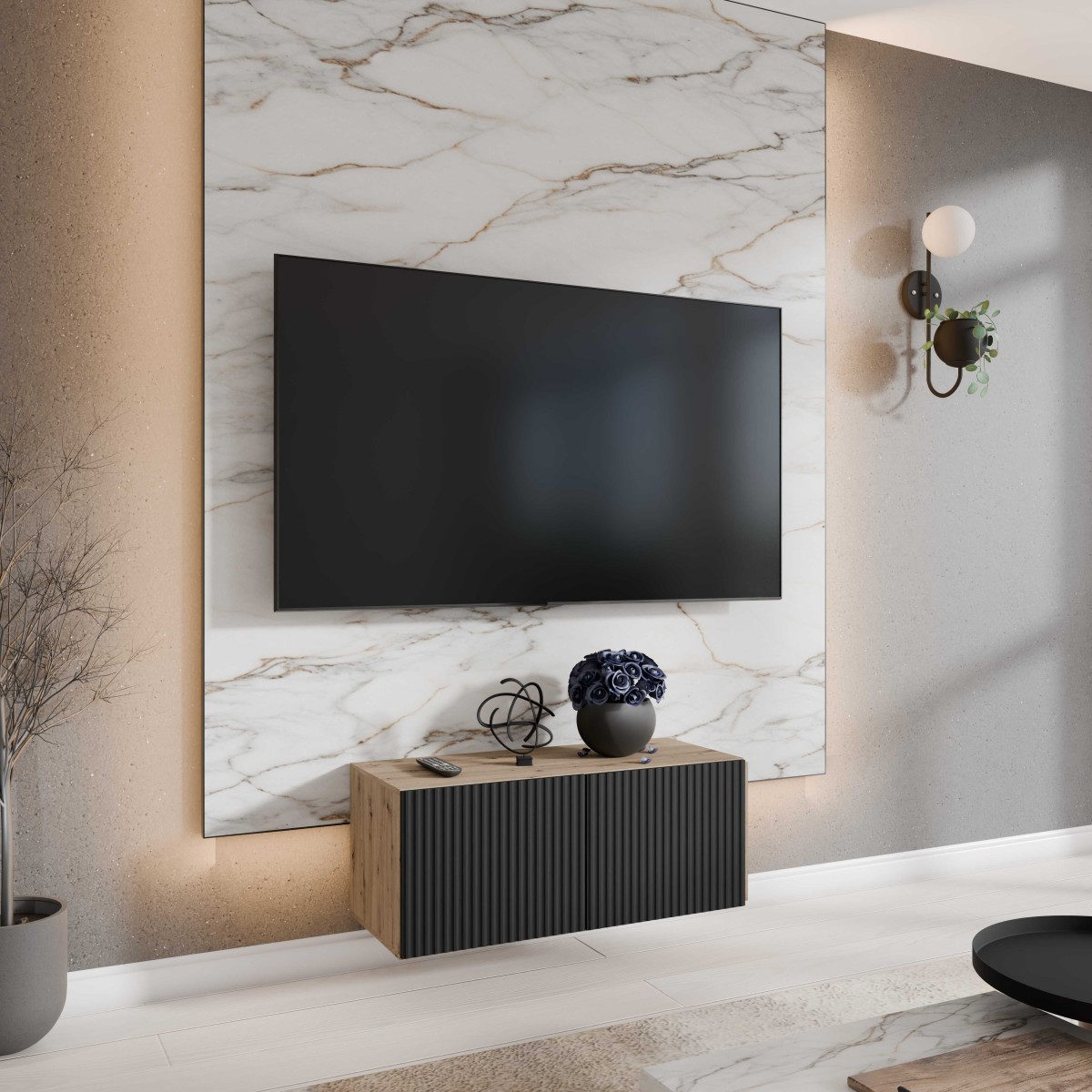 SZAFKA RTV WISZĄCA NOE 100 KORPUS DĄB ARTISAN + FRONT CZARNY ARANŻACJA.jpg