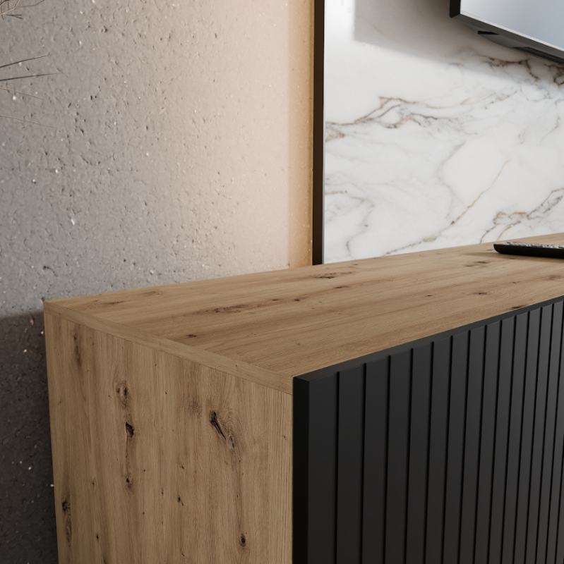 SZAFKA RTV WISZĄCA MIO 200 2X100 KORPUS DĄB ARTISAN FRONT CZARNY MAT ARANŻACJA DETALE.png