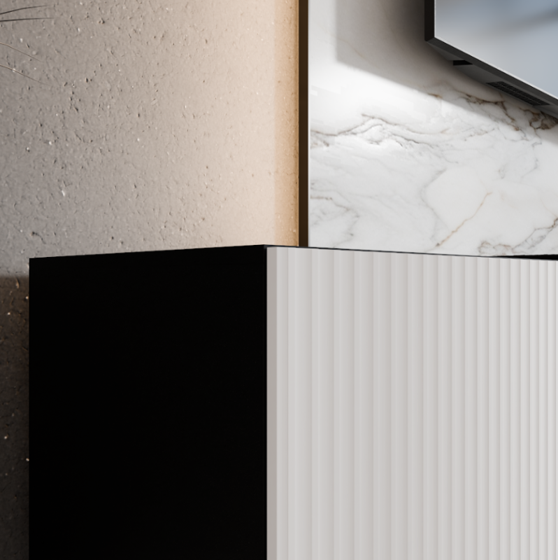 SZAFKA RTV WISZĄCA NOE 200 2X100 KORPUS CZARNY MAT FRONT BIAŁY MAT ARANŻACJA DETALE.png