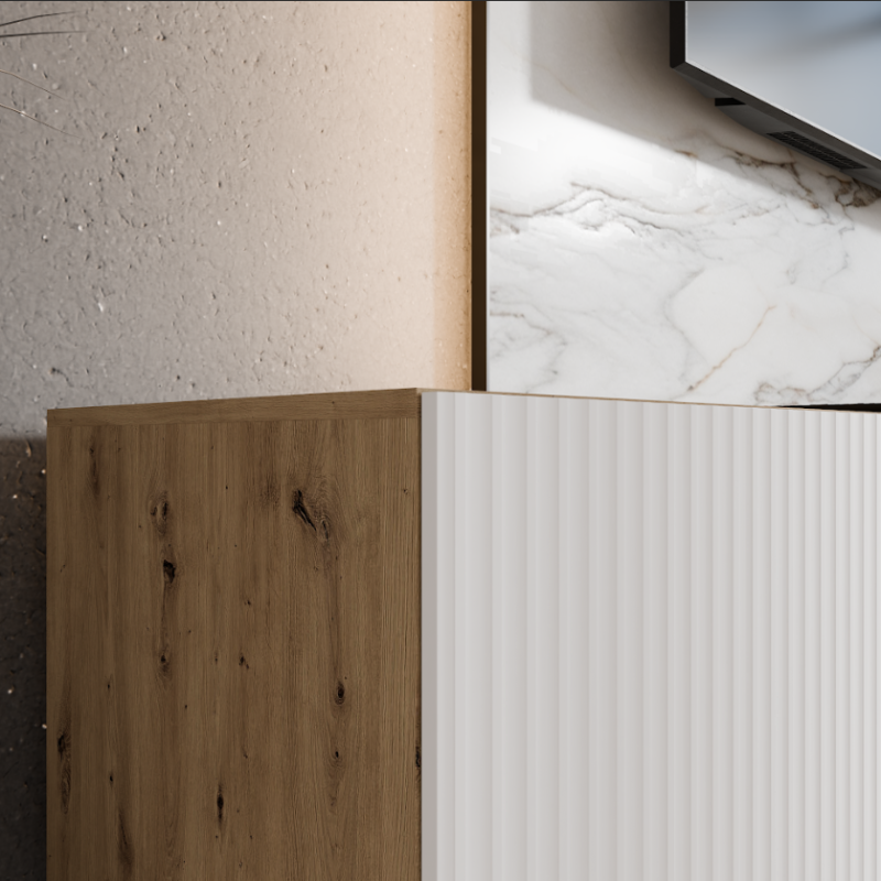 SZAFKA RTV WISZĄCA NOE 200 2X100 KORPUS DĄB ARTISAN FRONT BIAŁY MAT ARANŻACJA DETALE.png