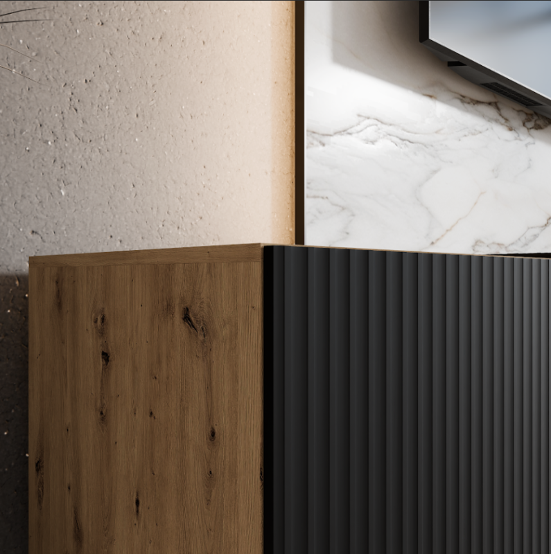 SZAFKA RTV WISZĄCA NOE 200 2X100 KORPUS DĄB ARTISAN FRONT CZARNY MAT ARANŻACJA DETALE.png