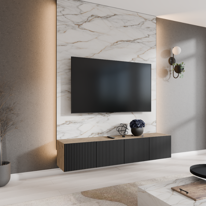 SZAFKA RTV WISZĄCA NOE 200 2X100 KORPUS DĄB ARTISAN FRONT CZARNY MAT ARANŻACJA.png