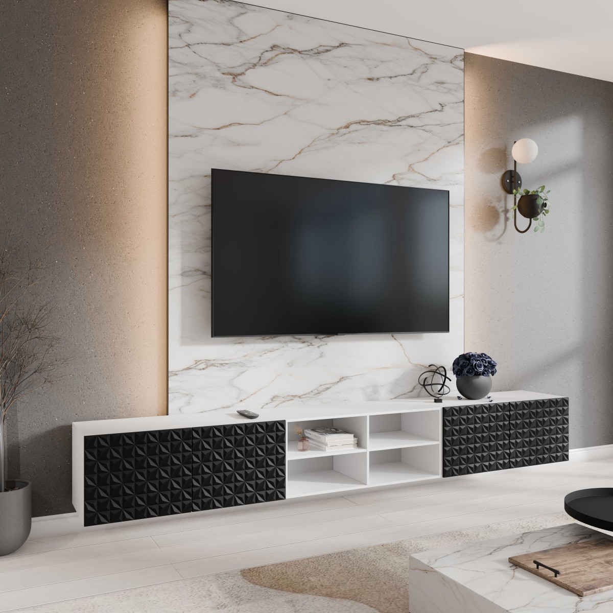 SZAFKA RTV WISZĄCA CALI 300 3X100 OTWARTA KORPUS BIAŁY MAT FRONT CZARNY MAT ARANŻACJA.jpg