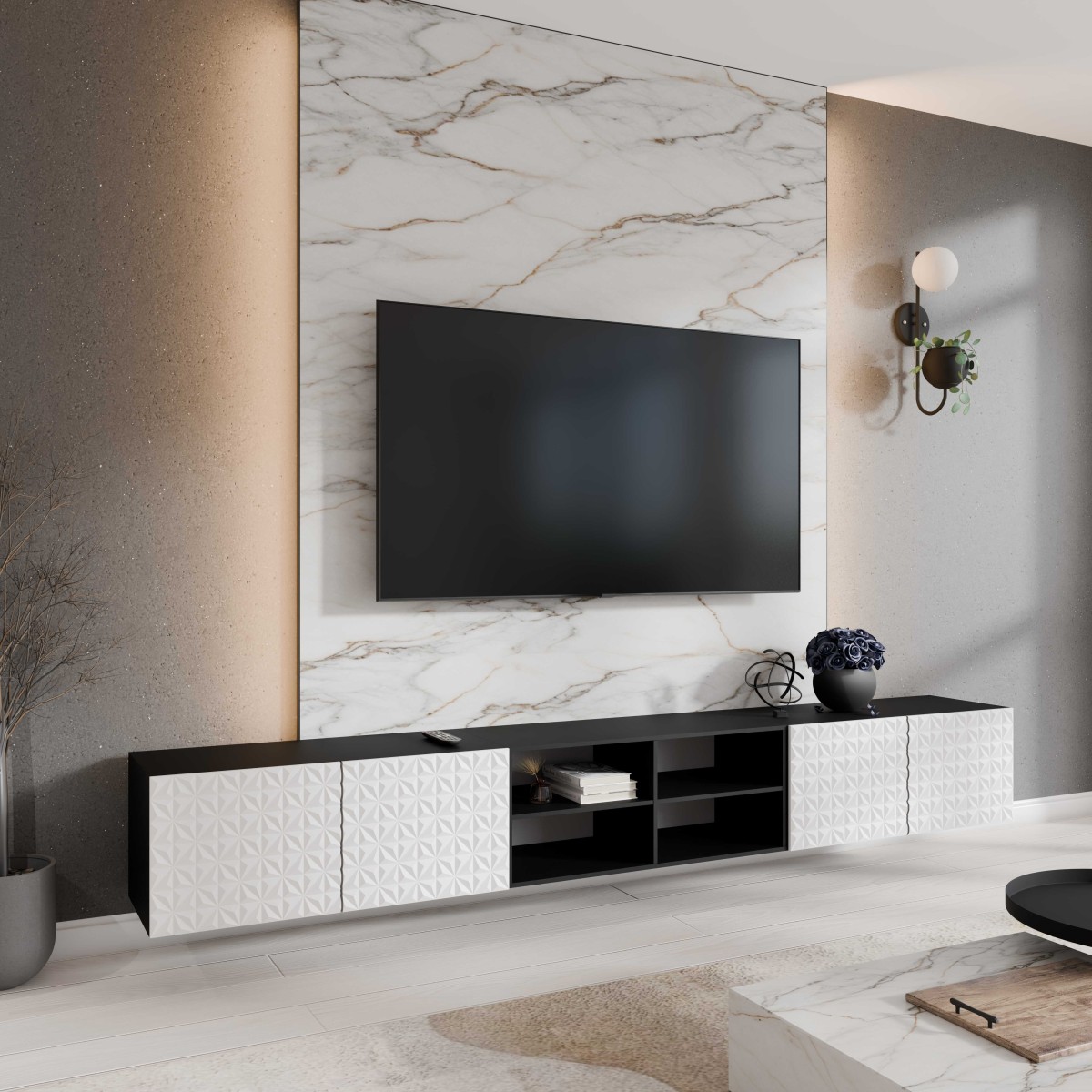 SZAFKA RTV WISZĄCA CALI 300 3X100 OTWARTA KORPUS CZARNY MAT FRONT BIAŁY MAT ARANŻACJA.jpg