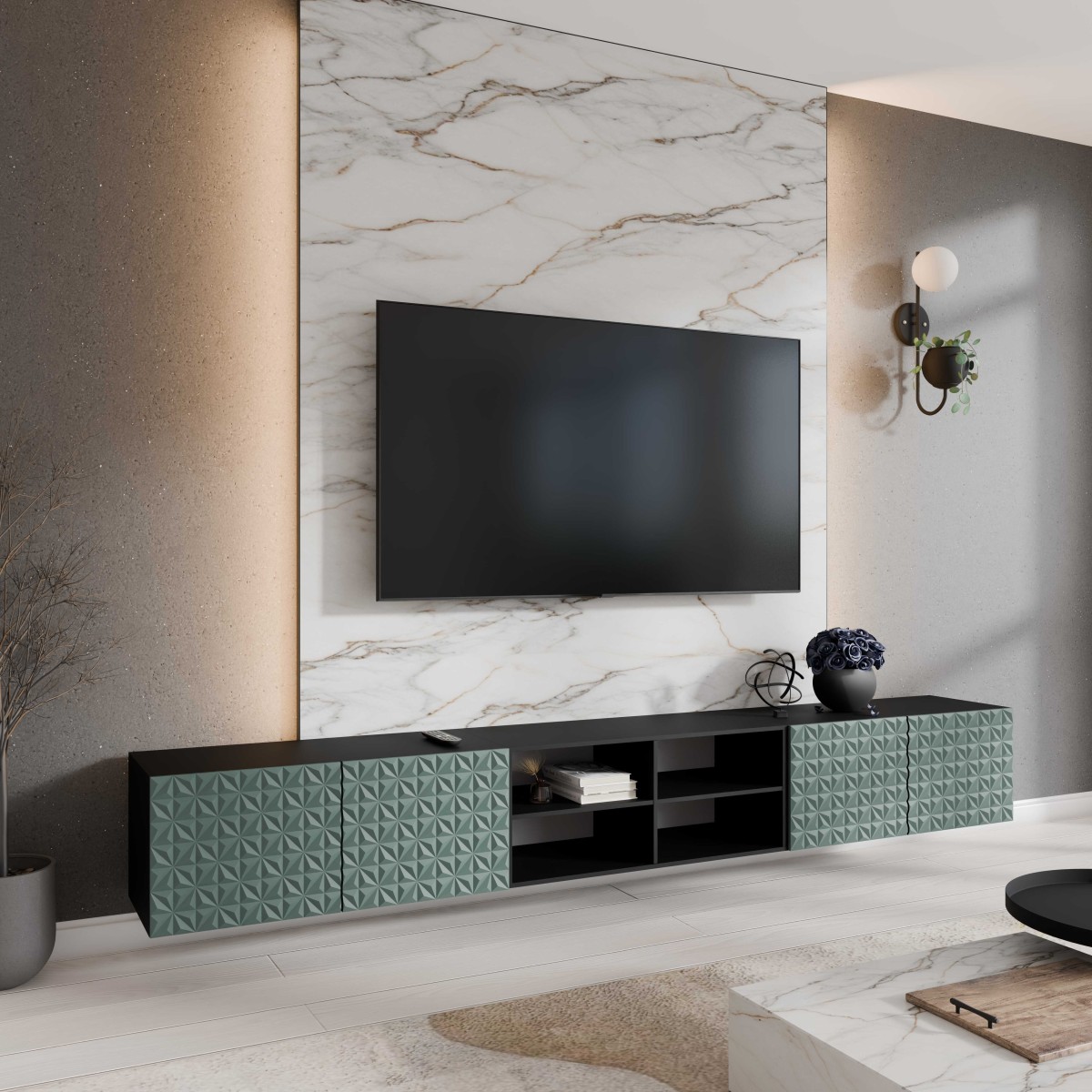 SZAFKA RTV WISZĄCA CALI 300 3X100 OTWARTA KORPUS CZARNY MAT FRONT ZIELONY LABRADOR ARANŻACJA.jpg