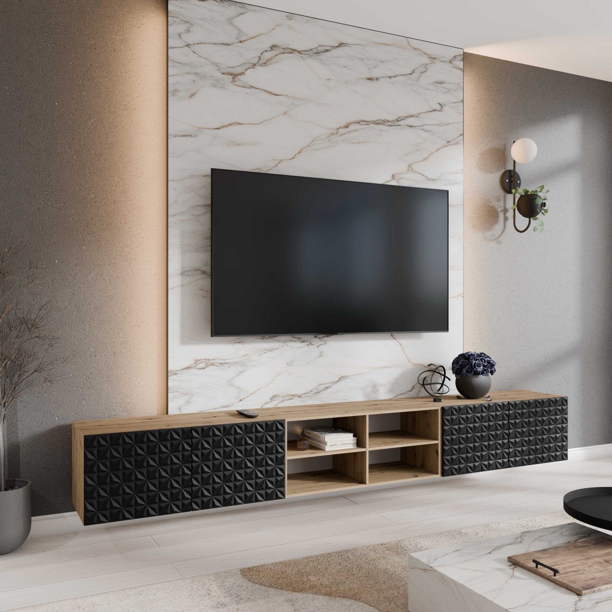 SZAFKA RTV WISZĄCA CALI 300 3X100 OTWARTA KORPUS DĄB ARTISAN FRONT CZARNY MAT ARANŻACJA.jpg