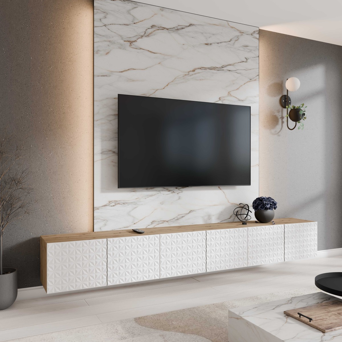 SZAFKA RTV WISZĄCA CALI 300 3X100 ZAMKNIĘTA KORPUS DĄB ARTISAN FRONT BIAŁY MAT ARANŻACJA.jpg