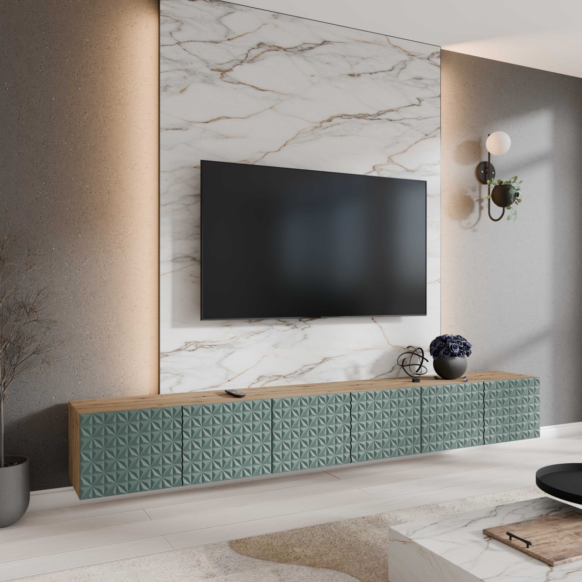 SZAFKA RTV WISZĄCA CALI 300 3X100 ZAMKNIĘTA KORPUS DĄB ARTISAN FRONT ZIELONY LABRADOR ARANŻACJA.jpg