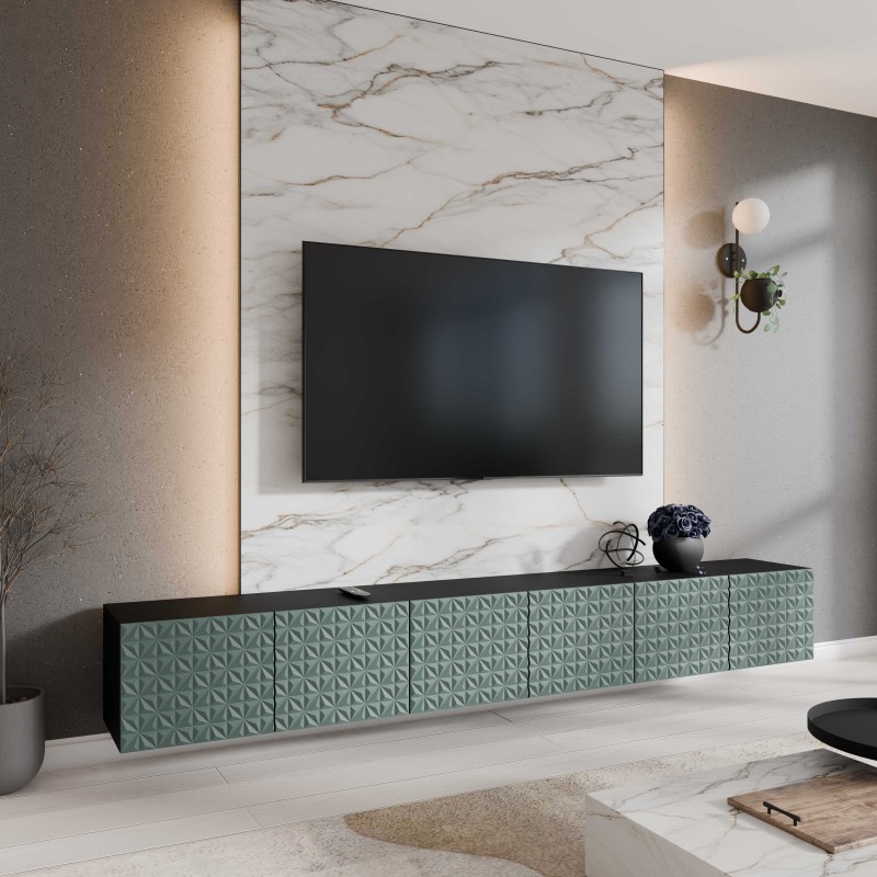 SZAFKA RTV WISZĄCA CALI 300 3X100 ZAMKNIĘTA KORPUS CZARNY MAT FRONT ZIELONY LABRADOR ARANŻACJA.jpg