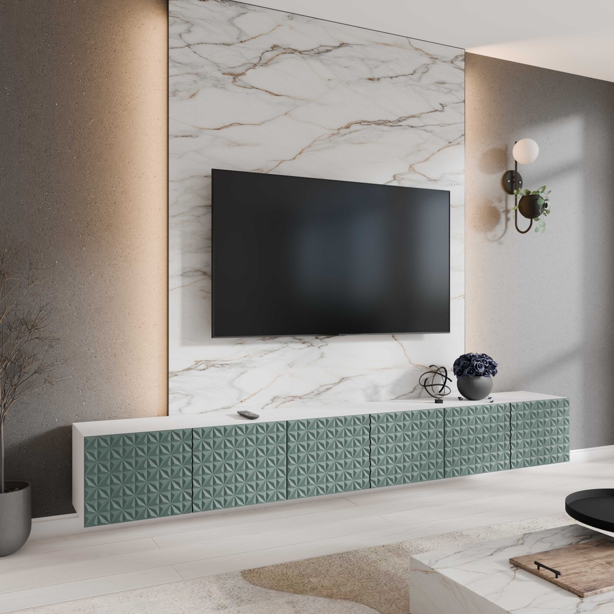 SZAFKA RTV WISZĄCA CALI 300 3X100 ZAMKNIĘTA KORPUS BIAŁY MAT FRONT ZIELONY LABRADOR ARANŻACJA.jpg