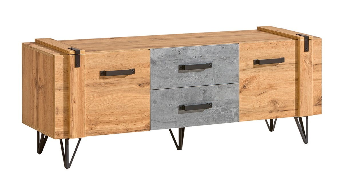 Szafka RTV Szerokość 135 cm LOFTER LO 7 Nowoczesna W Stylu LOFT Industrialny Dwie 2-Szuflady Dąb Wotan Beton