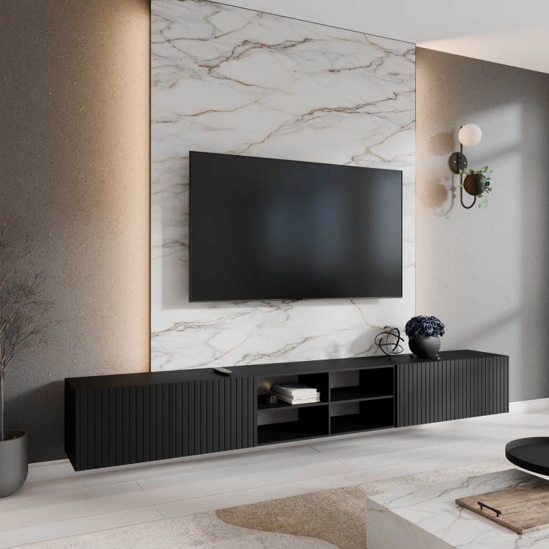 SZAFKA RTV WISZĄCA MIO 300 3X100 OTWARTA KORPUS CZARNY MAT FRONT CZARNY MAT ARANŻACJA.jpg