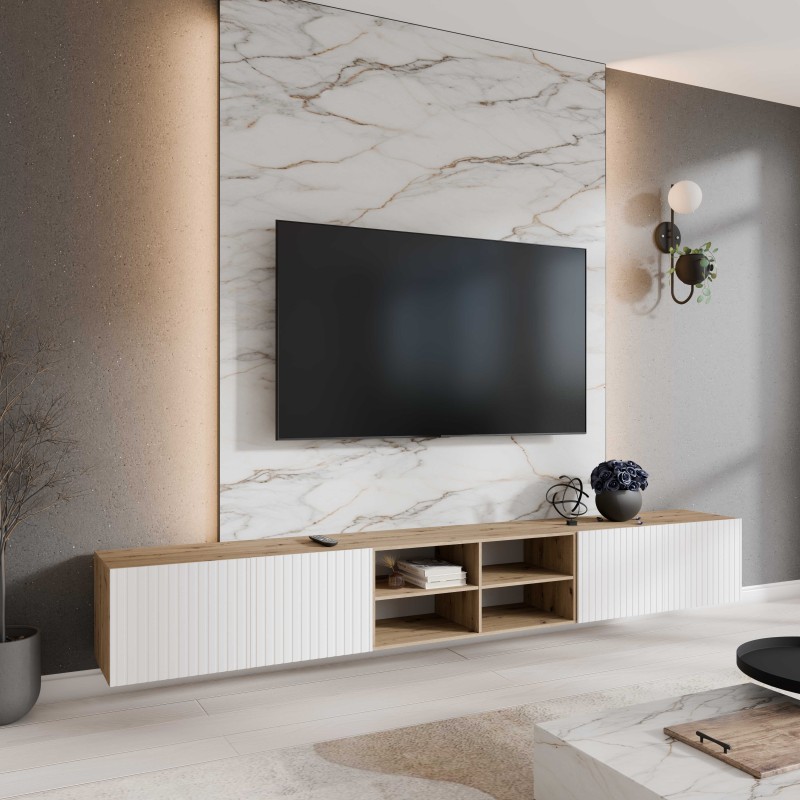 SZAFKA RTV WISZĄCA MIO 300 3X100 OTWARTA KORPUS DĄB ARTISAN FRONT BIAŁY MAT ARANŻACJA.jpg