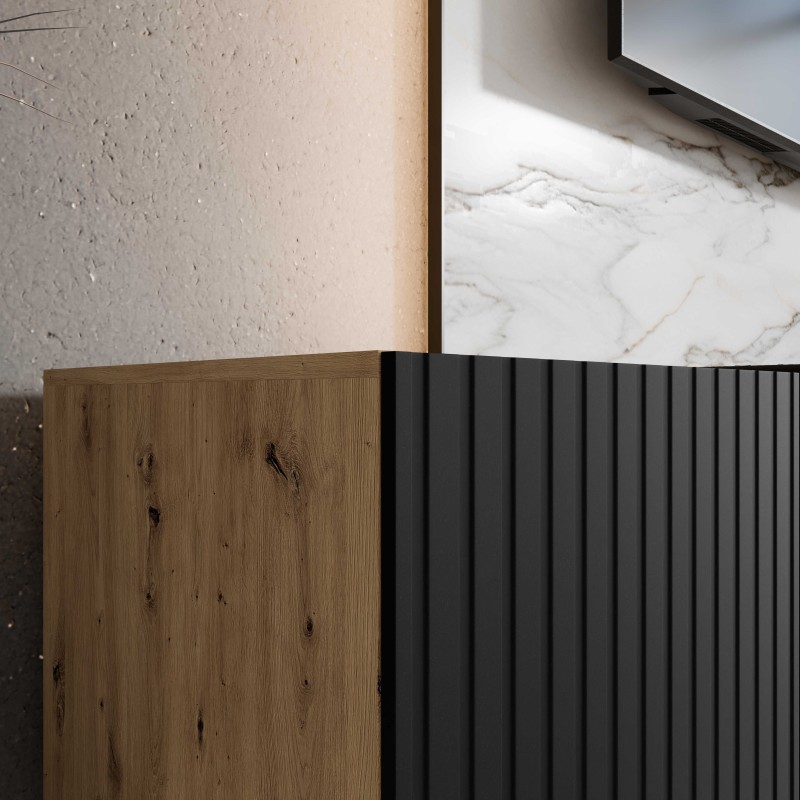 SZAFKA RTV WISZĄCA MIO 300 3X100 OTWARTA KORPUS DĄB ARTISAN FRONT CZARNY MAT ARANŻACJA DETALE.jpg