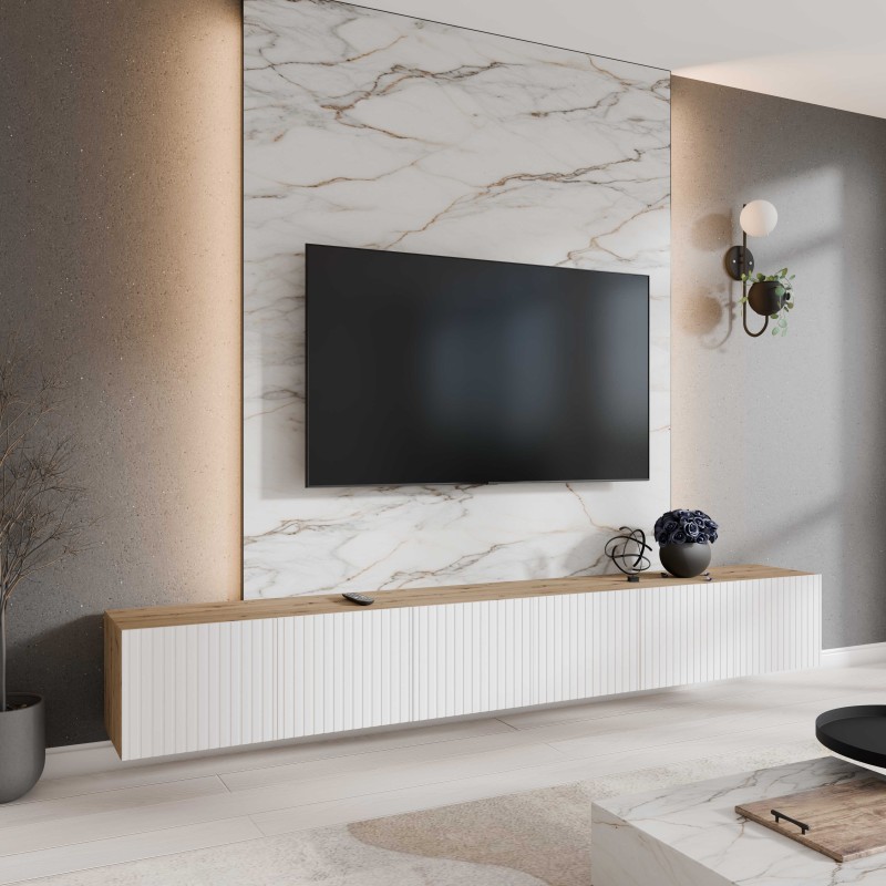 SZAFKA RTV WISZĄCA MIO 300 3X100 ZAMKNIĘTA KORPUS DĄB ARTISAN FRONT BIAŁY MAT ARANŻACJA.jpg