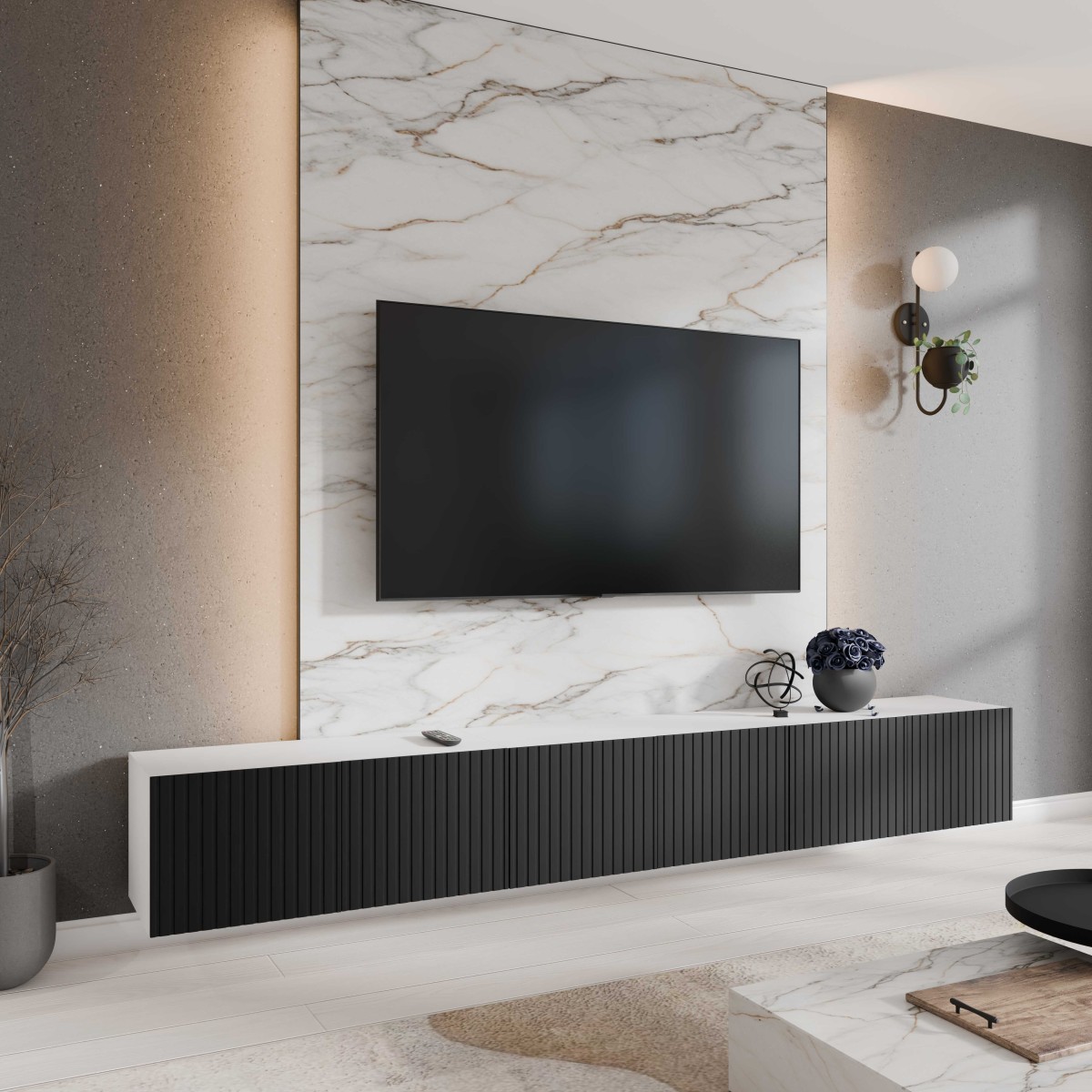 SZAFKA RTV WISZĄCA MIO 300 3X100 ZAMKNIĘTA KORPUS BIAŁY MAT FRONT CZARNY MAT ARANŻACJA.jpg