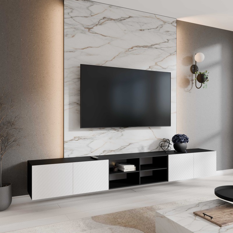 SZAFKA RTV WISZĄCA NIKO 300 3X100 OTWARTA KORPUS CZARNY MAT FRONT BIAŁY MAT ARANŻACJA.jpg