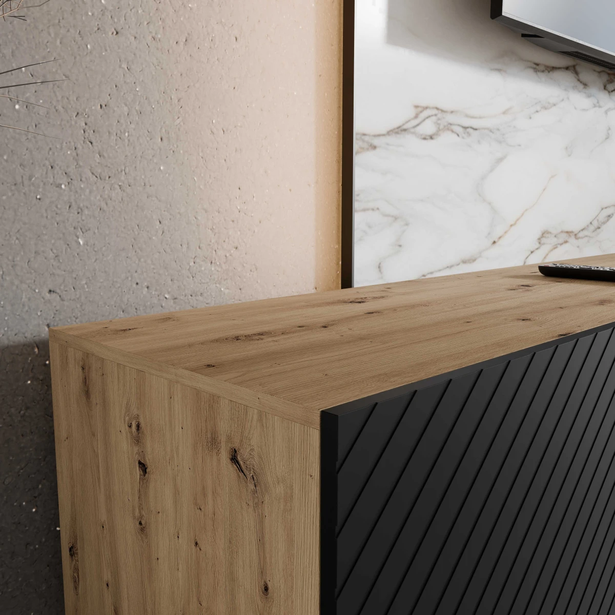 SZAFKA RTV WISZĄCA NIKO 300 3X100 OTWARTA KORPUS DĄB ARTISAN FRONT CZARNY MAT ARANŻACJA DETALE.jpg