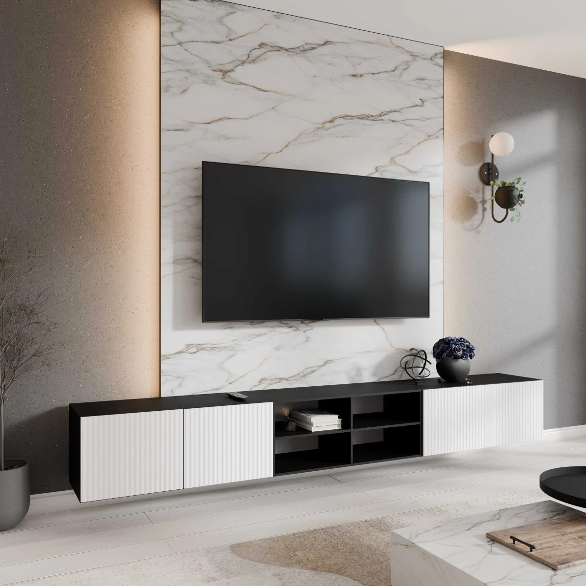 SZAFKA RTV WISZĄCA NOE 300 3X100 OTWARTA KORPUS CZARNY MAT FRONT BIAŁY MAT ARANŻACJA.jpg