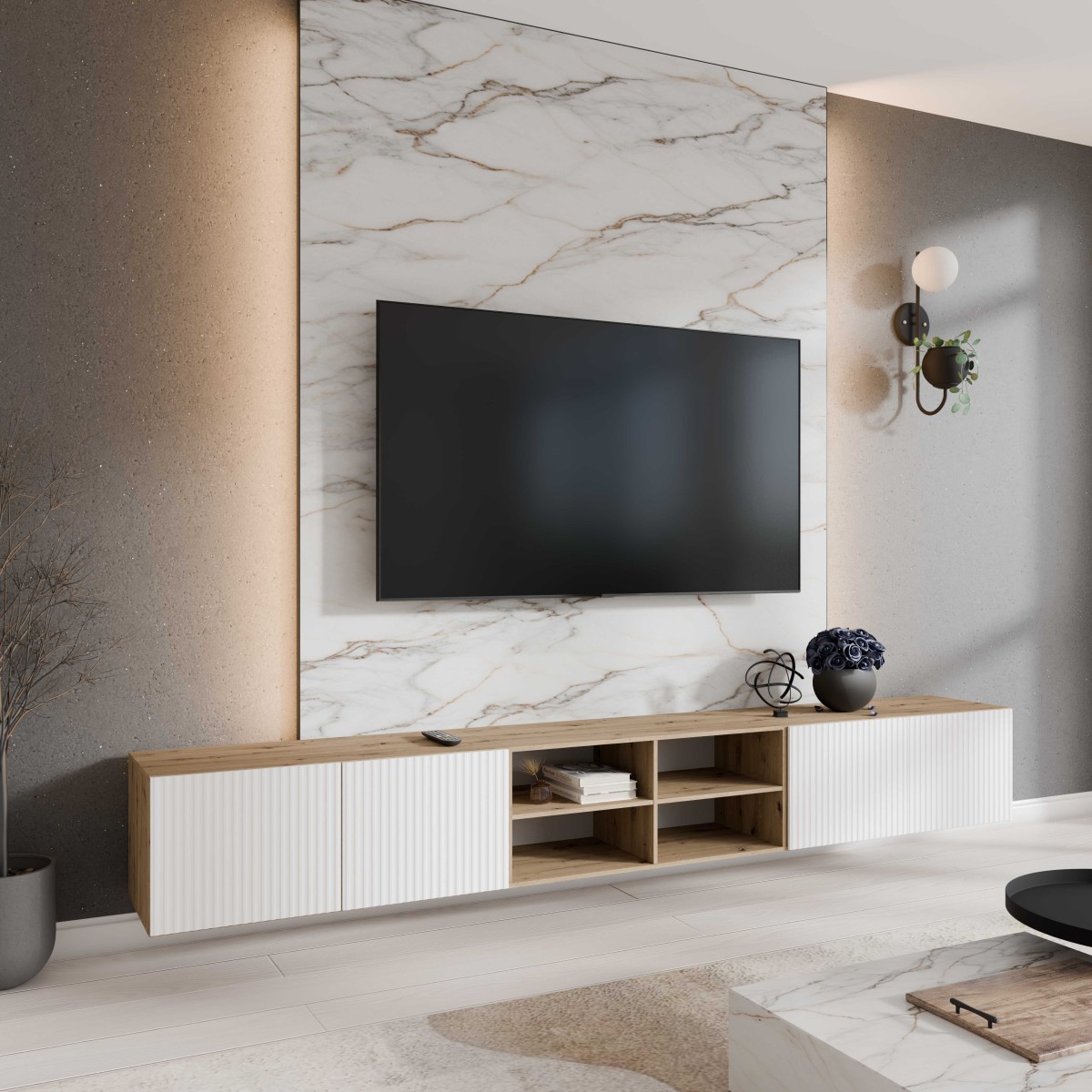 SZAFKA RTV WISZĄCA NOE 300 3X100 OTWARTA KORPUS DĄB ARTISAN FRONT BIAŁY MAT ARANŻACJA.jpg