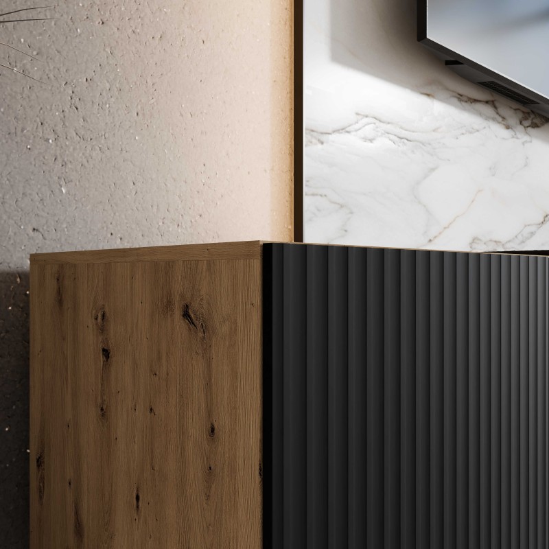 SZAFKA RTV WISZĄCA NOE 300 3X100 OTWARTA KORPUS DĄB ARTISAN FRONT CZARNY MAT ARANŻACJA DETALE.jpg