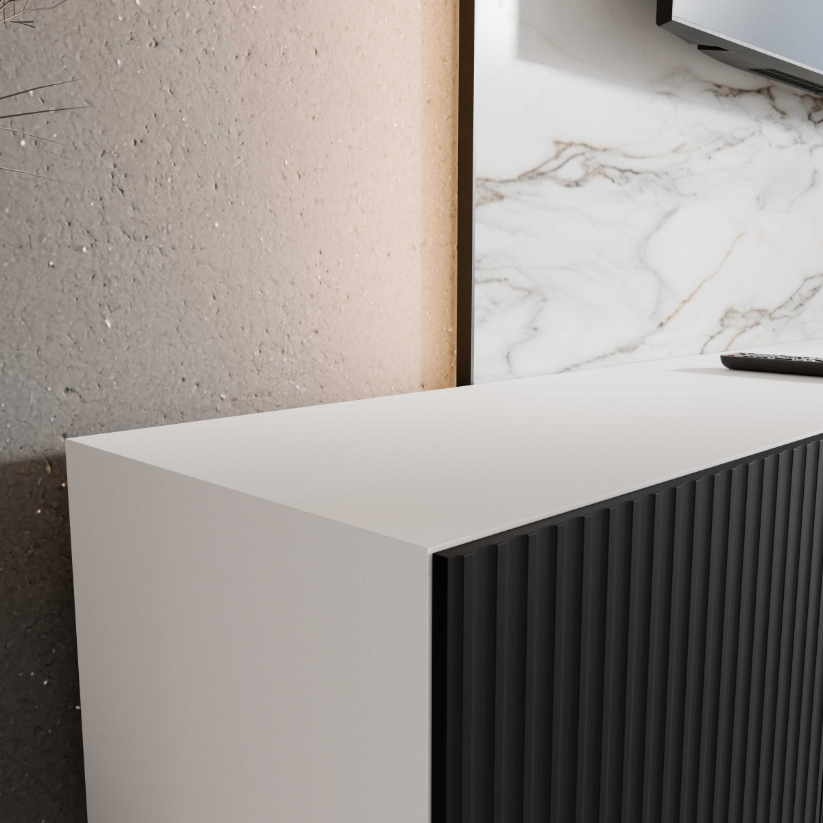 SZAFKA RTV WISZĄCA NOE 300 3X100 ZAMKNIĘTA KORPUS BIAŁY MAT FRONT CZARNY MAT ARANŻACJA DETALE.jpg