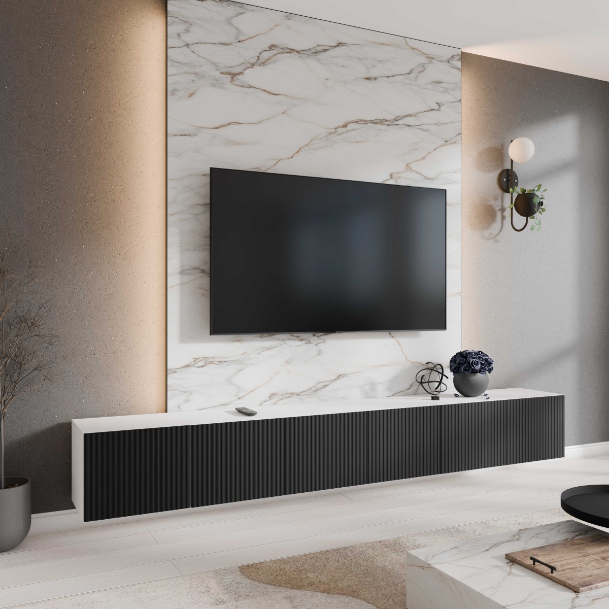 SZAFKA RTV WISZĄCA NOE 300 3X100 ZAMKNIĘTA KORPUS BIAŁY MAT FRONT CZARNY MAT ARANŻACJA.jpg