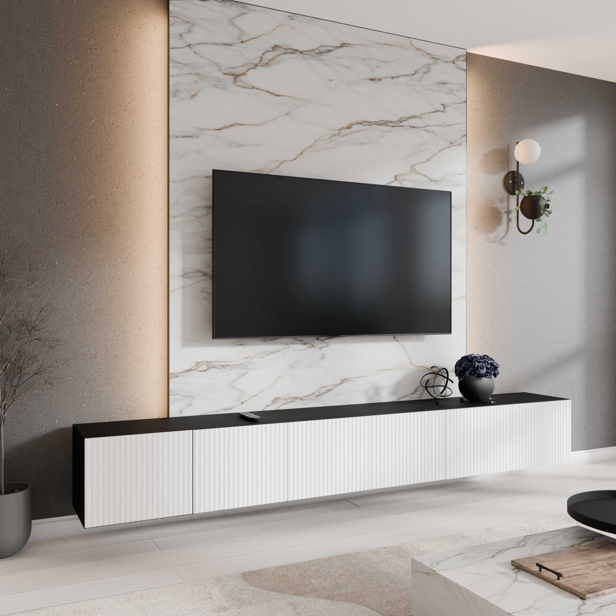 SZAFKA RTV WISZĄCA NOE 300 3X100 ZAMKNIĘTA KORPUS CZARNY MAT FRONT BIAŁY MAT ARANŻACJA.jpg