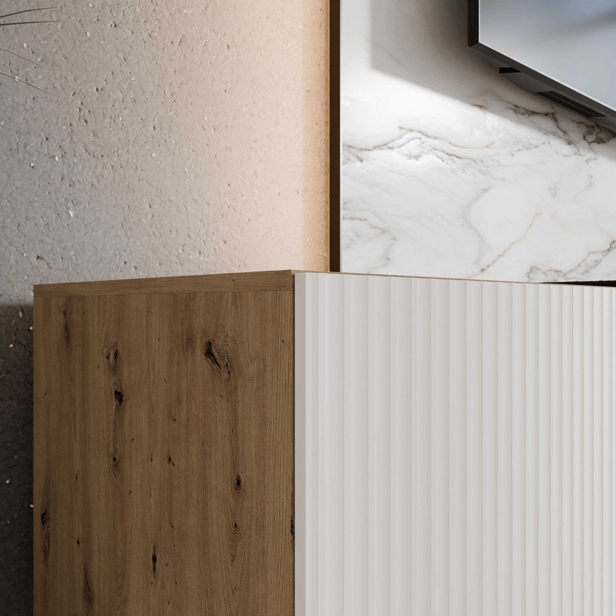 SZAFKA RTV WISZĄCA NOE 300 3X100 ZAMKNIĘTA KORPUS DĄB ARTISAN FRONT BIAŁY MAT ARANŻACJA DETALE.jpg