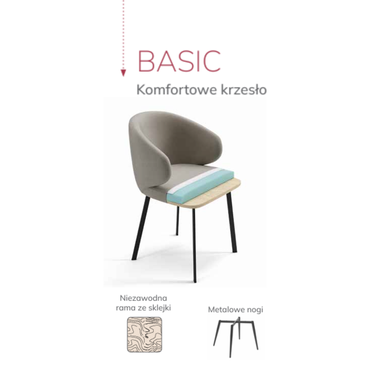 Przekrój krzesła Alto Basic – tapicerowane krzesło z ramą ze sklejki i metalowymi nogami