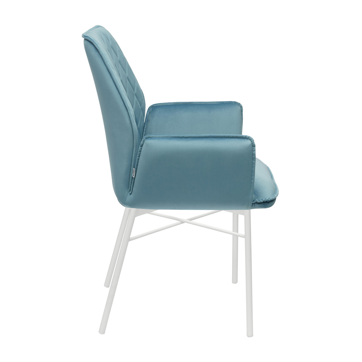 Krzesło MORIS Tapicerowane Jasnoniebieskie z podłokietnikami widok od boku – nowoczesne krzesło do jadalni i salonu