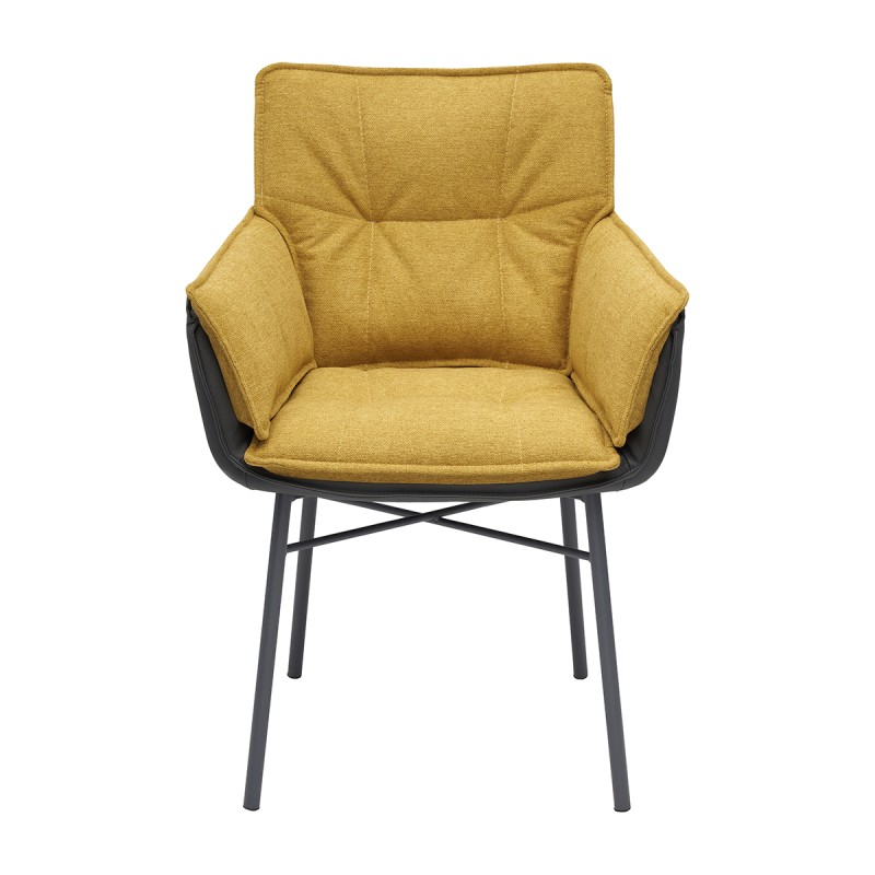 Krzesło RASMUS Tapicerowane Żółte z podłokietnikami widok z przodu  – nowoczesne krzesło do jadalni i salonu