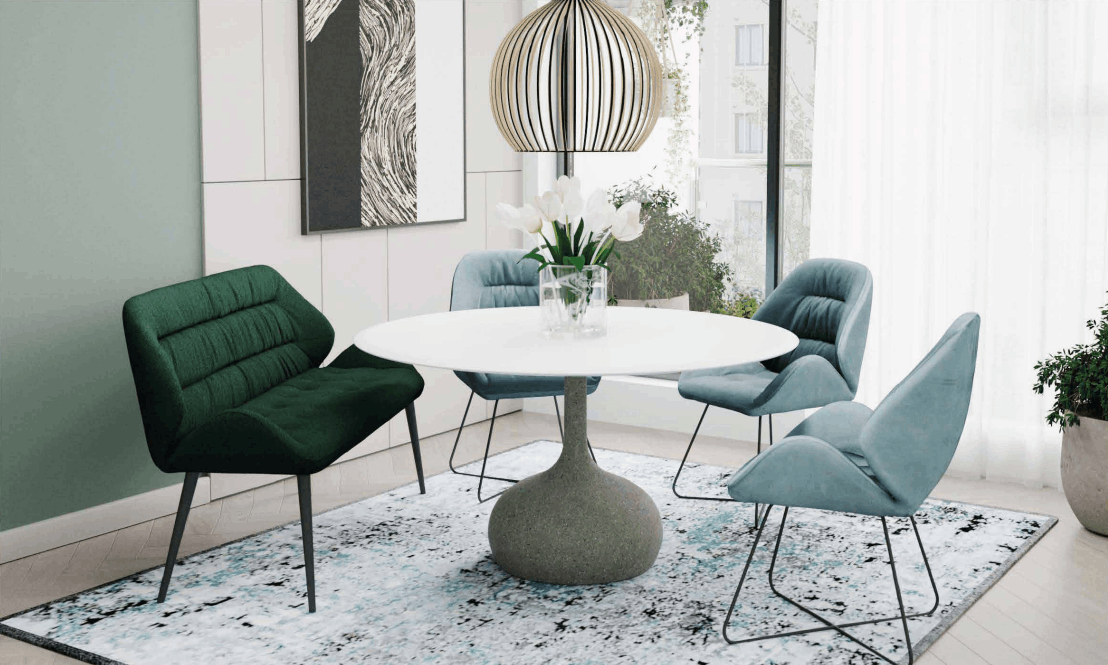 Ławka tapicerowana zielona Colin w eleganckiej jadalni