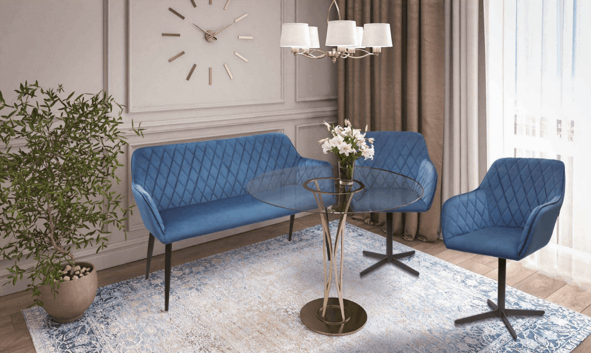 Ławka tapicerowana niebieska Tomas w eleganckiej jadalni