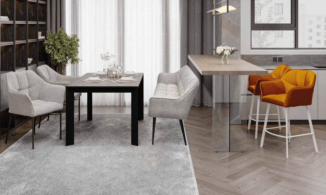 Ławka tapicerowana szara Frank w eleganckiej jadalni.png